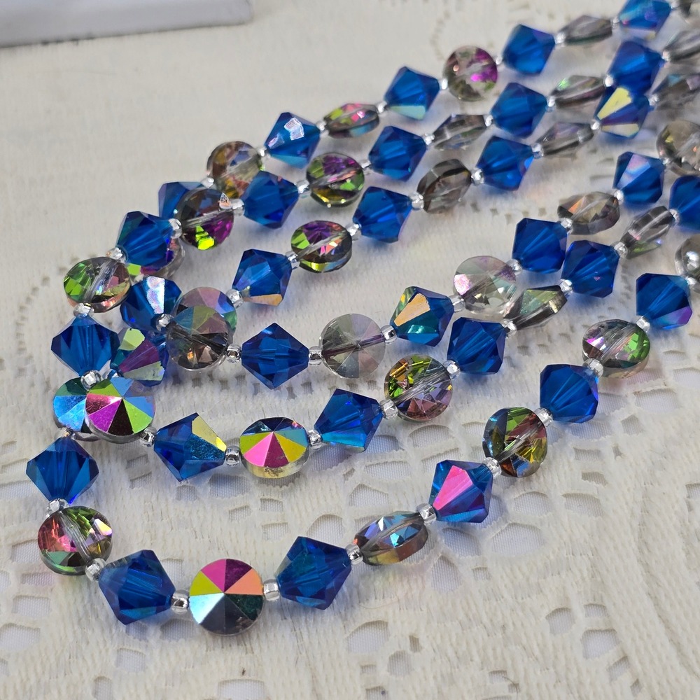 Vintage Cobalt Blue Aurora Borealis Crystal Triple Strand Beaded Necklace